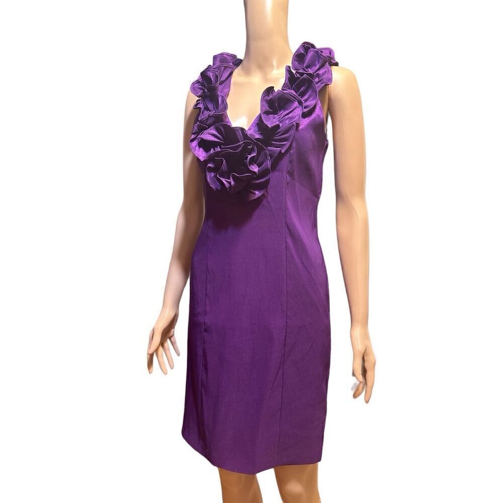 S.L. Fashions Purple Ruffle Neck Sheath Dress Size 8 Party Cocktail Formal
